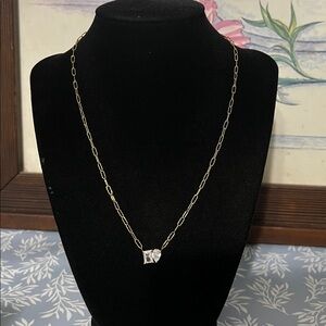 gold plated link necklace with pear and rectangular stone